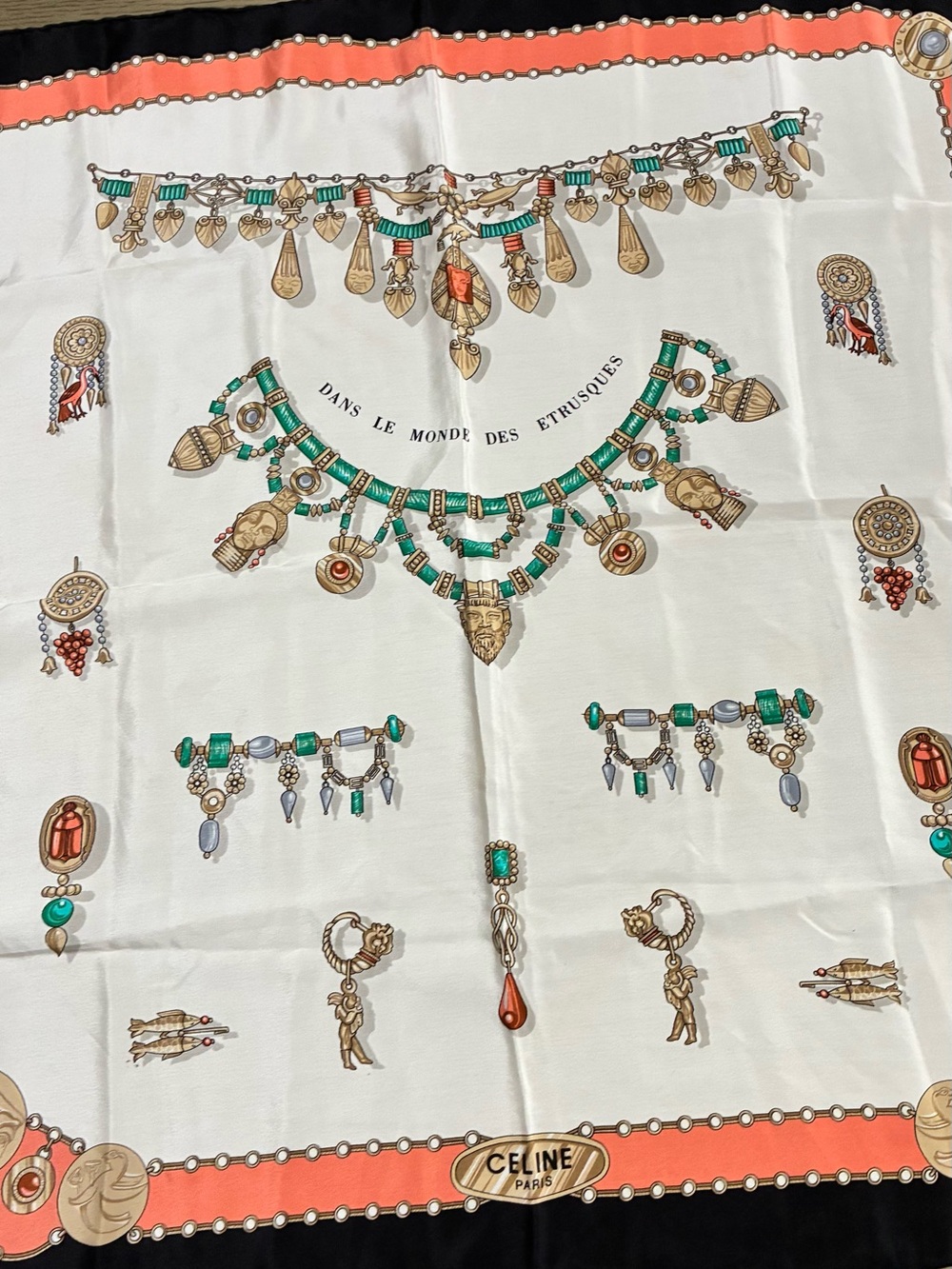 Celine Ivory Silk Scarf with Coral and Green Jewelry Motif